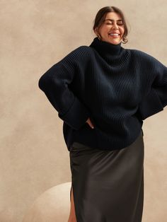 Petite Oversized Merino-Cashmere Sweater | Banana Republic Mesh Sweater, Grey Turtleneck, Take Note, Poncho Style, High Waist Fashion, Banana Republic Sweater, Knit Sleeve, Hem Style, Merino Wool Sweater