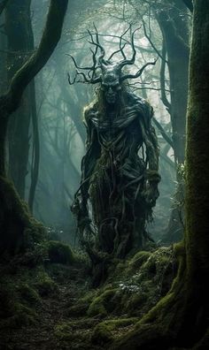 a creepy creature standing in the middle of a forest