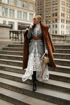 Current Work Outfits, Lace Dress With Blazer Outfit, Layered Style Clothes Outfit Ideas, Blair Eadie Style, Lace Dress Layered Outfit, Creative Style Outfits Inspiration, Clothes Layering Ideas, Lace Layered Outfit, Layering With Dresses