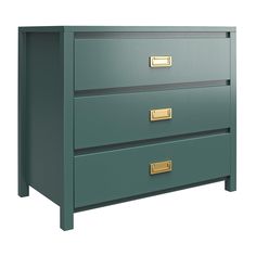 a green chest of drawers with gold handles