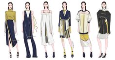 fashion sketches from the fall 2009 runway show, including dresses and jackets with different colors