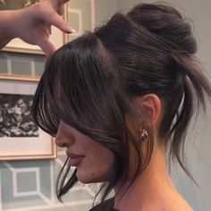 Hair Colors With Bangs Ideas, Curtain Bangs Upstyle, Messy Bun Face Framing, Hair Pulled Back With Bangs, Updos With Curtain Bangs Formal, Curtain Bangs Half Up, Up Do Hairstyles With Bangs, Voluminous Hair With Bangs, Dark Hairstyles Medium