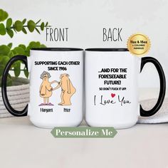 two personalized coffee mugs, one with the same image on it and one with an i love you message