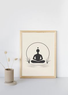 Embrace simplicity and calm with this Minimalist Meditation Art Print, featuring a serene figure in a meditative pose surrounded by clean, flowing lines.  This Zen-inspired artwork exudes tranquility and mindfulness, making it the perfect addition to any yoga studio, meditation space, or peaceful home environment. The minimalist design, with its soft lines and harmonious composition, creates a sense of balance and inner peace. This elegant art print enhances any room with its soothing energy. Id Modern Yoga Room, Line Art Yoga, Meditative Pose, Yoga Artwork, Meditation Wall Art, Peace Poster, Yoga Prints, Room Artwork, Meditation Art