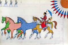 an old drawing of native americans riding horses