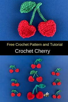 crocheted cherries are shown on a blue background