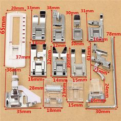 the sewing machine parts are shown with measurements