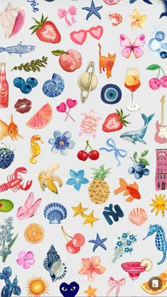 an image of many different types of stickers on a white surface with blue and pink colors