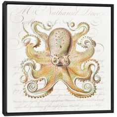 an octopus is depicted in this ornately detailed painting on white paper, with gold and green accents