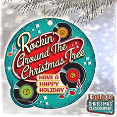 an advertisement for rockin'around the christmas tree with record records and musical notes