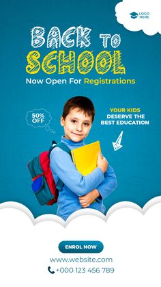 the back to school flyer is shown with a young boy holding a book and smiling