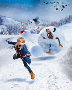 two children are playing in the snow with an iglooh behind them and one child is jumping