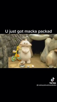 two stuffed animals are standing in front of a rock cave with the caption, u just got macka packad