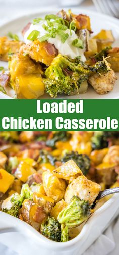 loaded chicken casserole with broccoli and potatoes in a white dish on a table