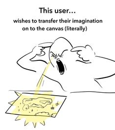 a cartoon drawing of a man with his head in his hands and the caption reads, this user wishes to transfer their image on to the canvas literally