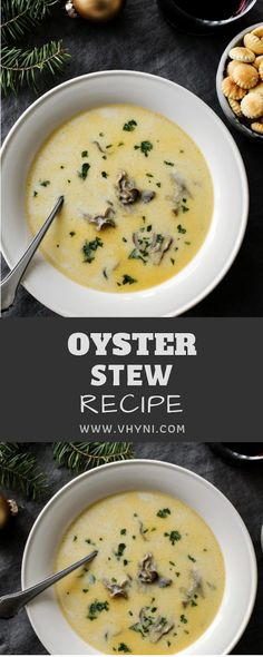 two bowls of oyster stew with croutons on the side and christmas decorations in the background