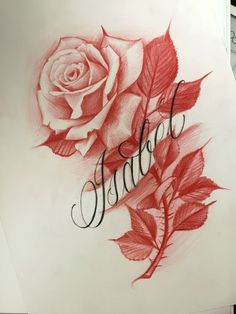 a rose with leaves and the word tattoo written on it