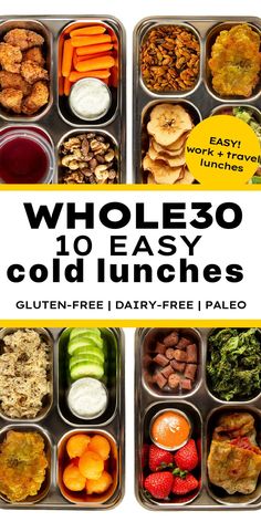 two trays filled with different types of food and the words whole 30 easy cold lunches