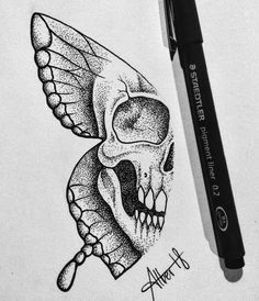 a pencil drawing of a skull with a butterfly on it's head and wings