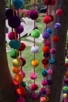 multicolored pom - poms hanging from a tree in a park area