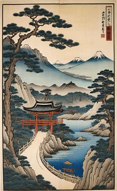 Illustration japonaise d'un pont, dans le style ukiyo-e.♡ Ukiyo E Painting, Ukiyo E Aesthetic, Japanese Ukiyo-e, Ukiyo E Wallpaper, Japanese House Illustration, Ukiyo E Art, Japanese Mountains, Japanese Pop Art, Monte Fuji