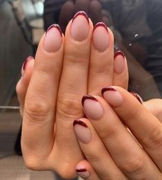 Nails To Go With Wine Color Dress, French Tip Simple Nails, Maroon Tip Nails, Burgundy Almond Nails Design, Short Tip Nails, Short Nail French Tip, Maroon French Tip Nails, Dark Red French Tip Nails, Hogwarts Life