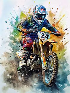 a man riding on the back of a dirt bike in front of colorful paint splatters