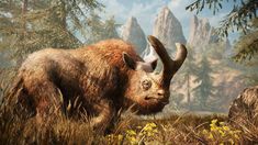 an artist's rendering of a wooly animal in the wilderness with mountains in the background