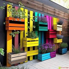 colorful wooden planters on the side of a building with plants growing out of them