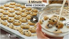 a person is pouring milk into a glass bowl filled with cookies and chocolate chip cookies