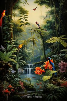 a painting of birds and flowers in the jungle