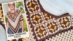 a crocheted granny's shawl with an image of a woman wearing glasses