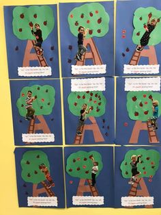 several pictures of children climbing up the ladders to an apple tree with apples on them