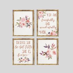 four framed wall art pieces with pink flowers and sayings on the front, one in gold frame