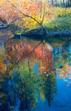 an oil painting of trees and water in the fall season with colorful leaves on them