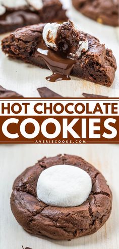 chocolate cookies with marshmallows on top and the words hot chocolate cookies above them