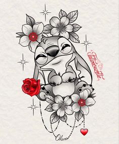 an image of a cartoon character with flowers on her head and the words disney written in red