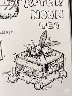 a drawing of a piece of cake with the words after noon tea written below it