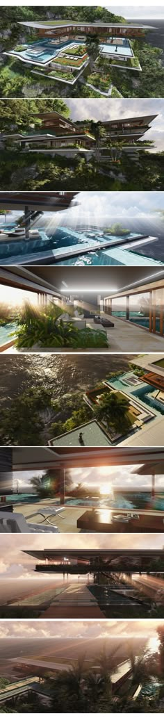 multiple images of different types of buildings in the sky with trees and water around them