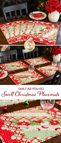 the table is set for christmas with red and green placemats on top of it