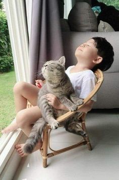 a little boy that is sitting in a chair with a cat