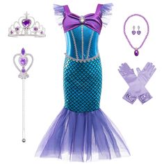 the little mermaid costume is purple and blue