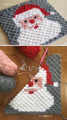 crocheted santa clause is on the floor next to yarn