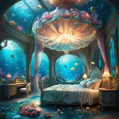 an underwater bedroom is shown in this painting