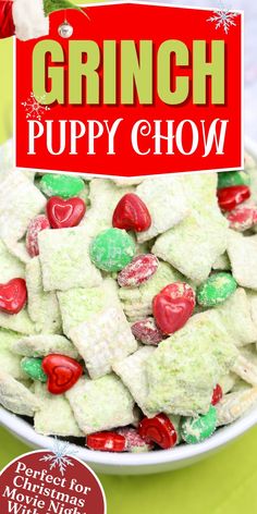 a white bowl filled with christmas candy and topped with green, red, and white marshmallows