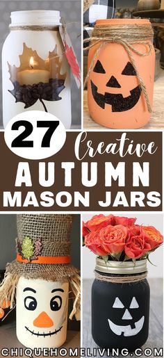 mason jars decorated with pumpkins, leaves and candles for halloween decorations that are easy to make