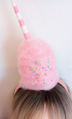 Fake Cotton Candy Headband on a cone is sure to be a hit!!  Choose your Cotton Candy Color & Cone Color  🍬Upside down Cotton Candy Poof will come with a striped Cone as shown and set on an angle. 🍬Choose with or without Sprinkles and Glitter! 🍬The entire height of the poof up to the very top of the cone is approximately 7 inches. The cotton candy portion is approximately 4.5 inches high. 🍬The Headband has a faux leather covering. There are grips inside the headband for a good secure fit. Everything is made with Care and Quality. Please message me with any questions!! 💖 Cotton Candy Halloween Costume, Fake Cotton Candy, Candy Headband, Candy Halloween Costumes, Cotton Candy Costume, Candy Girls, Cotton Candy Hair, Candy Costumes, Crazy Hat Day