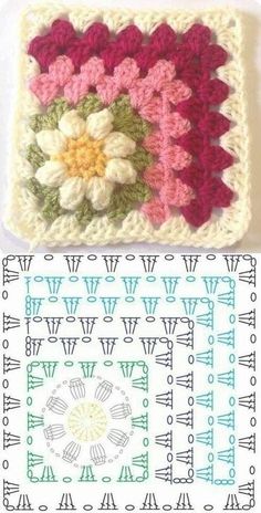 a crocheted square with flowers on the front and side, next to an image of