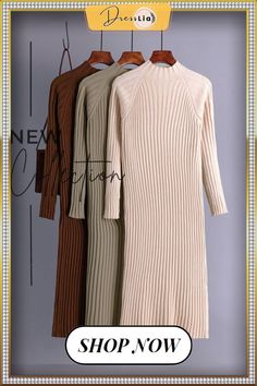 Women Clothing Autumn Winter New Korean Half High Collar Sweater Slim Fit with Underlay Knitted Dress Streetwear White Dress Winter Ribbed Beige Dress, Beige Stretch Knitted Sweater Dress, Beige Knitted Long Sleeve Dress, Beige Knitted Winter Dress, Winter Beige Knitted Dress, Long Beige Winter Dresses, Long Knitted Sweater Dress For Spring, Beige Knitted Knee-length Sweater Dress, Long Ribbed Knit Sweater Dress