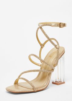 These strappy heeled sandals feature a multi-stripe design with diamante embellishments and a high heel for added elegance. Ideal for special occasions, they provide a stylish lift to your look. Prom Shoes Gold, Gold Chunky Heels, Prom Inspo, Heels Gold, Ankle Strap Block Heel, Oasis Fashion, Trainer Heels, Strappy Sandals Heels, Gold Shoes